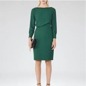 REISS Simone Forest Green Draped Boat Neck Crepe Sheath Dress Size 10